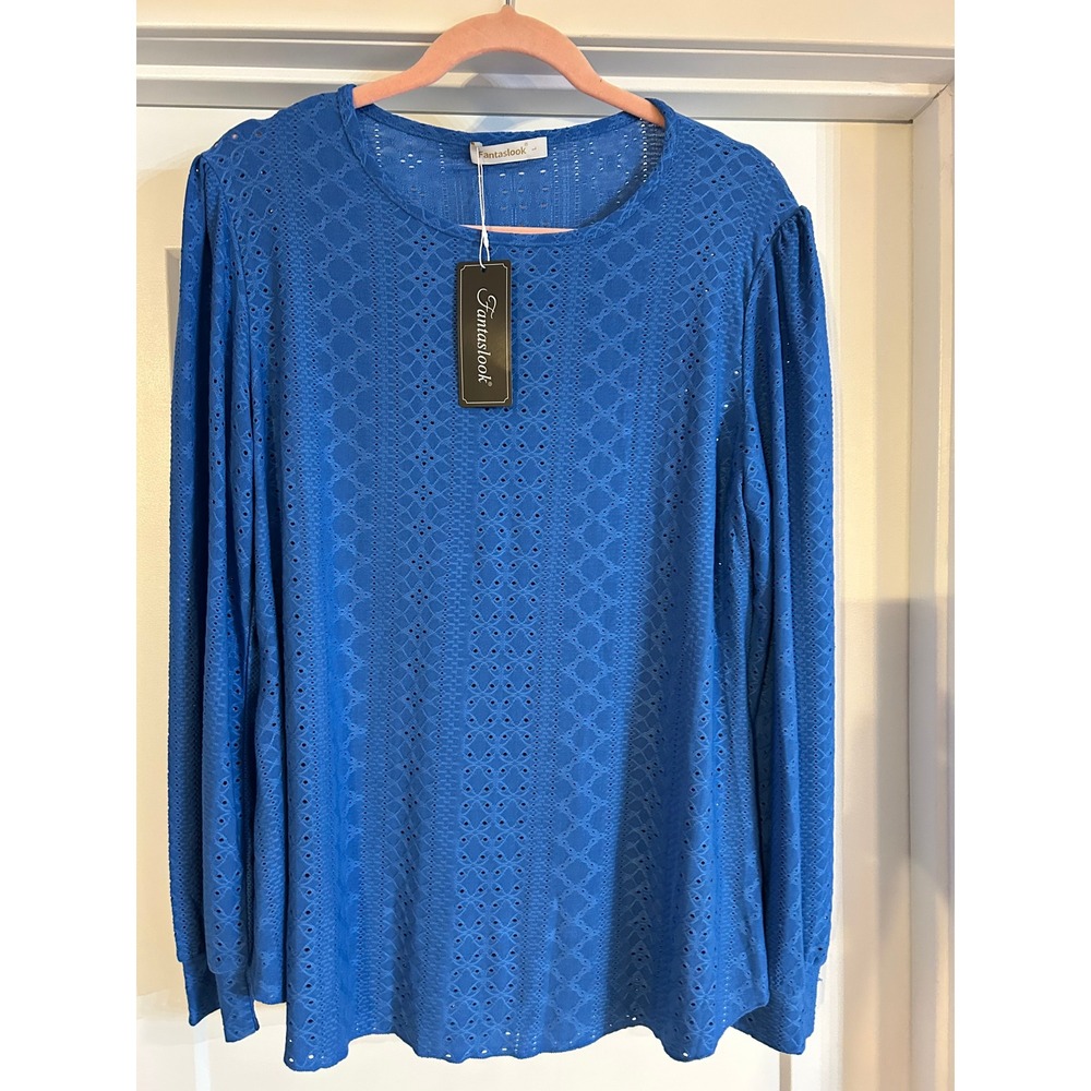 NEW Fantaslook Blue Eyelet Pullover Long‎ Sleeve Top Women Large Feminine Boho